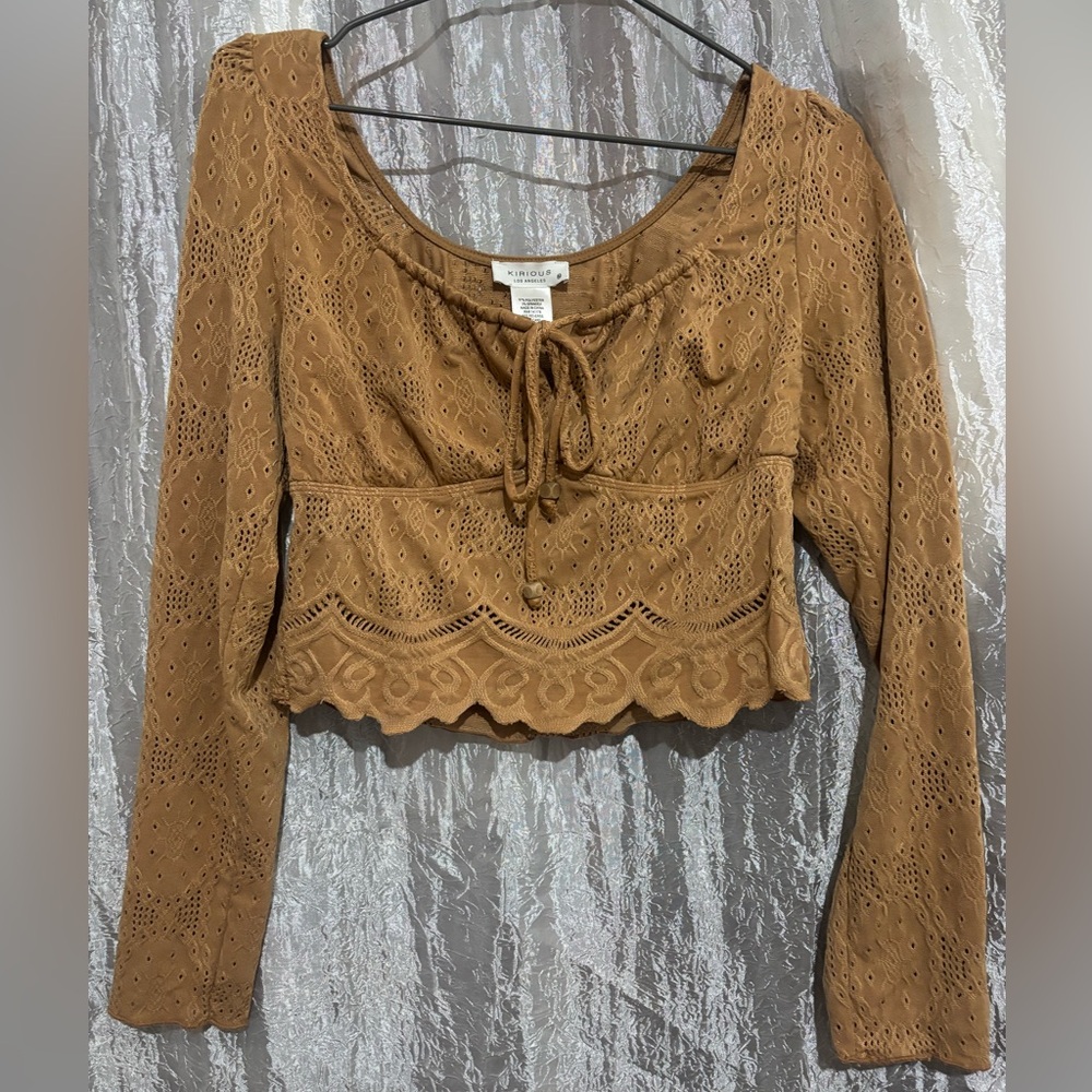 Brown Tie Front Crop Blouse